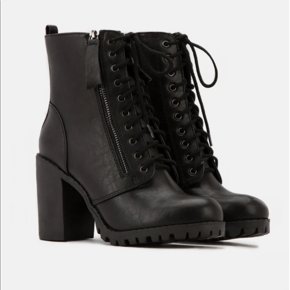 Black Lace Up High Chunky Heel Combat Boots - Picture 4 of 13